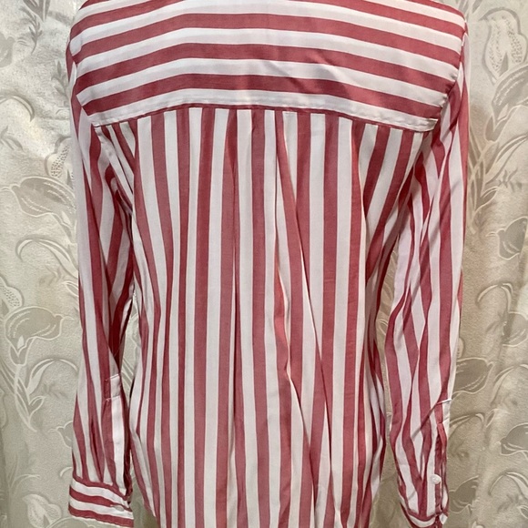 New York & Company Maroon & White Striped Button Up Blouse - Picture 3 of 5